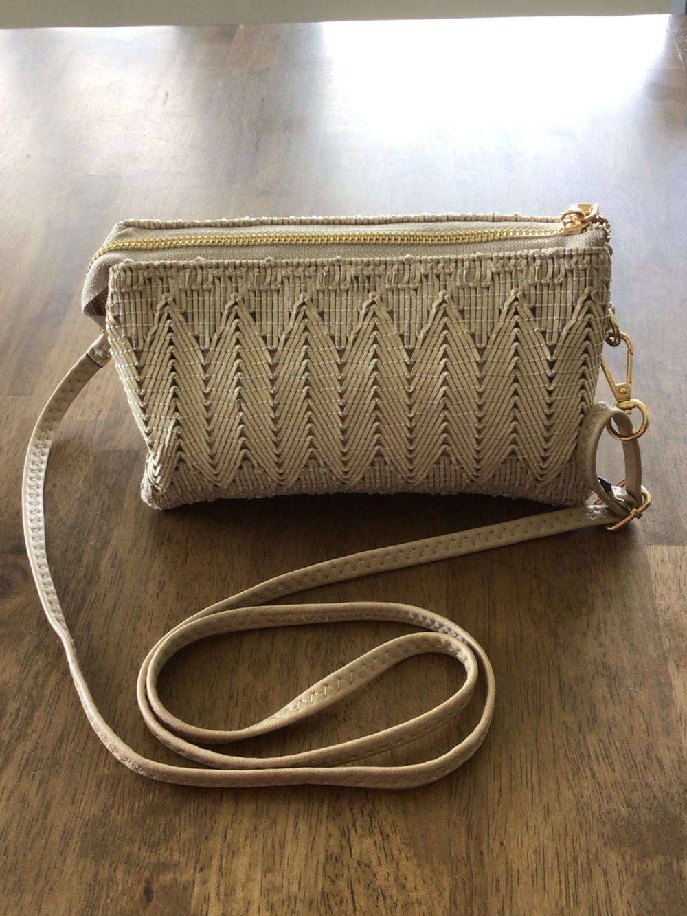 Jen&Co beige macrame woven Beige Crossbody Bag with built in wallet